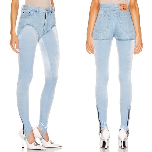 Y/Project Opening Ceremony Panel Stirrup Skinny Jeans with Velour Inset Ice Blue - Picture 1 of 12